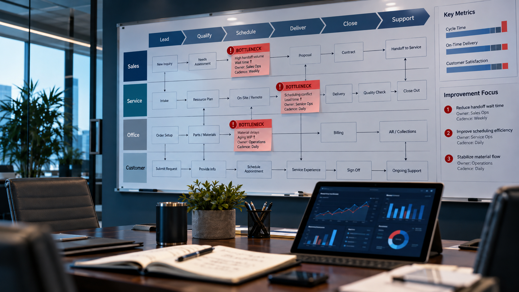 Operations process map showing sales, service, office, customer handoffs, bottlenecks, owners, and review cadence