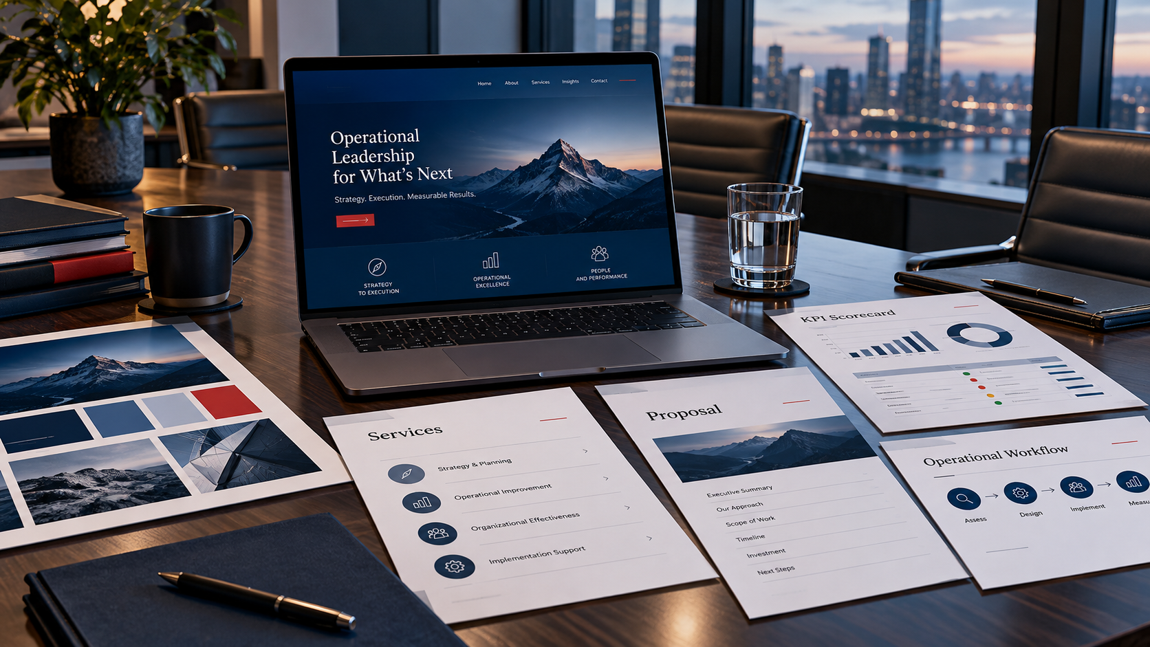 Business website mockup, brand graphics, proposal pages, and KPI scorecard materials on a conference table