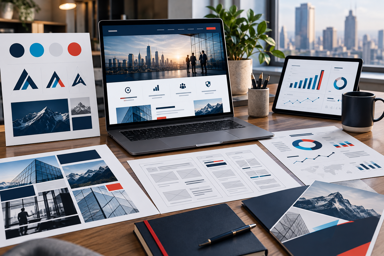 Business website, brand graphics, KPI dashboards, and consulting workflow materials