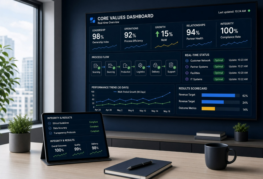 Core values dashboard showing leadership, operations, growth, relationships, integrity, and results