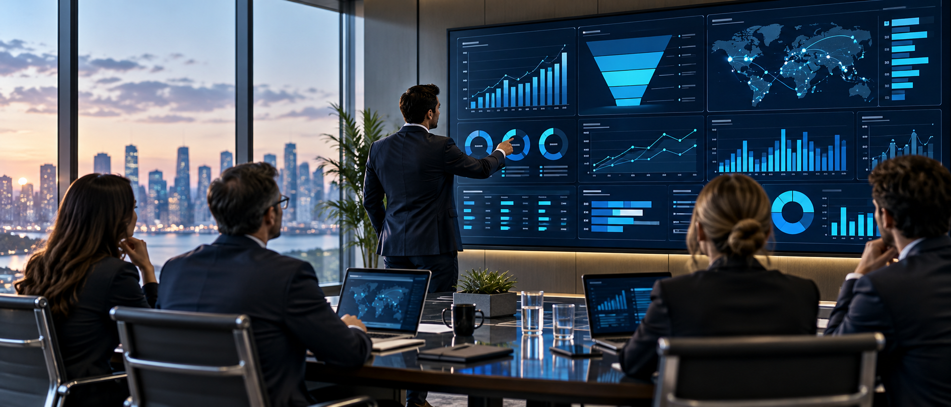 Executive operating dashboard review with KPI tiles, charts, and weekly performance controls
