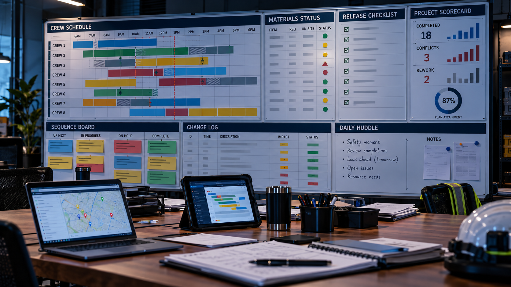 Field operations control board with crew schedule, materials status, release checklist, and project scorecard