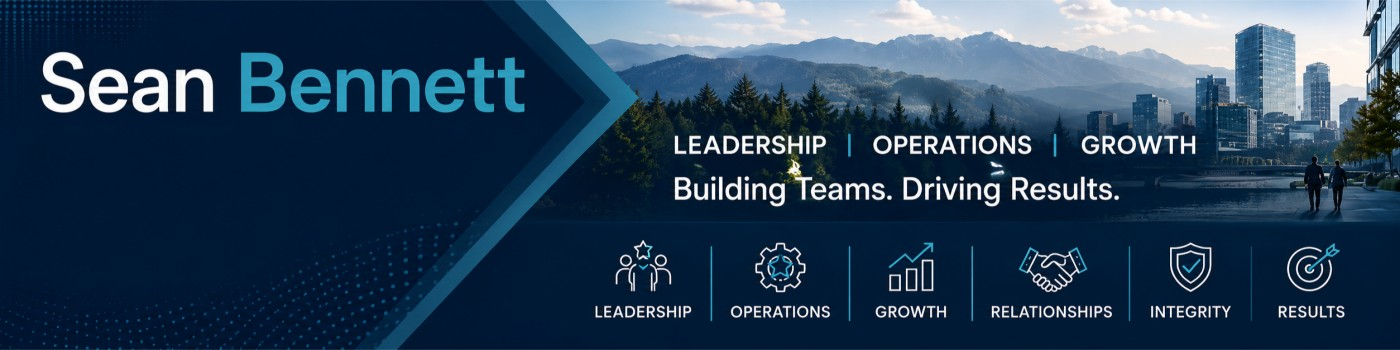Sean Bennett LinkedIn banner with leadership, operations, growth, relationships, integrity, and results