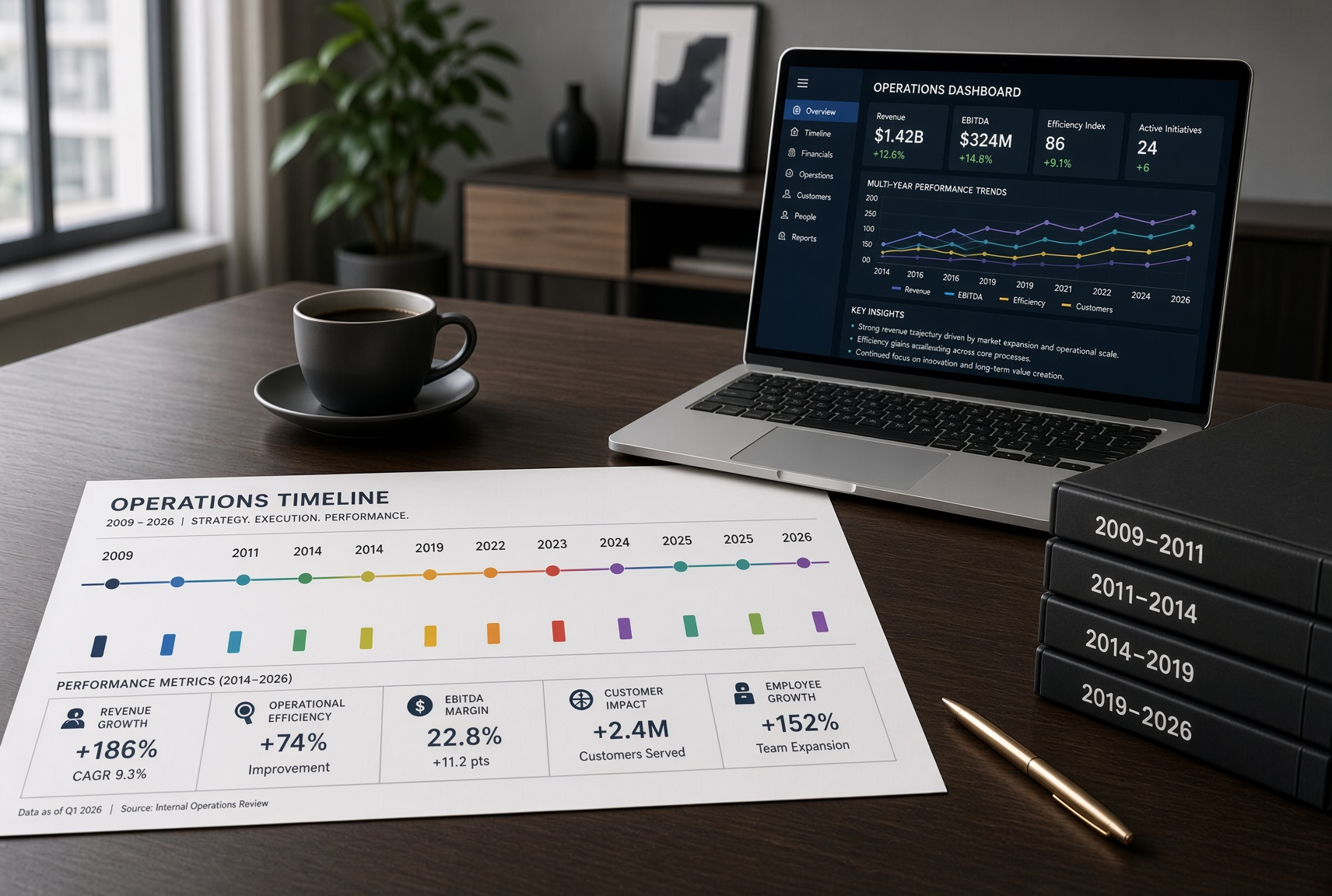 Operations timeline and dashboard showing performance metrics
