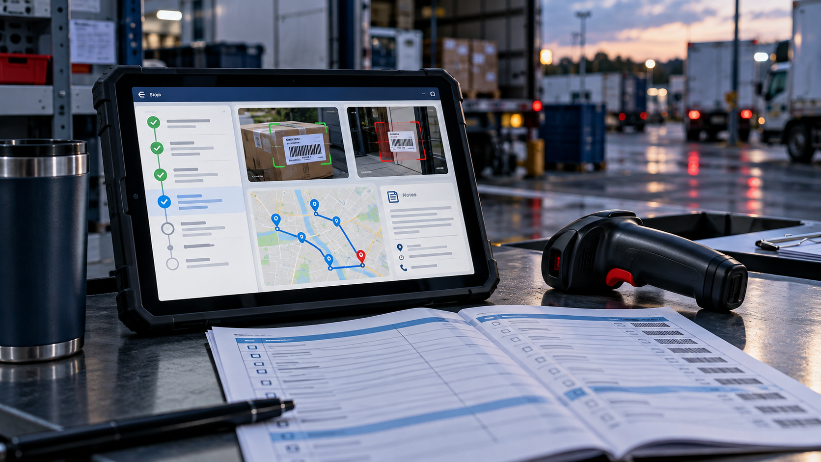 Route-control tablet, stop record, route manifest, and scan equipment